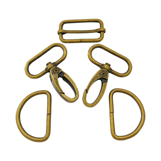 38mm antique brass hardware kit containing two hooks, two D rings and one slider