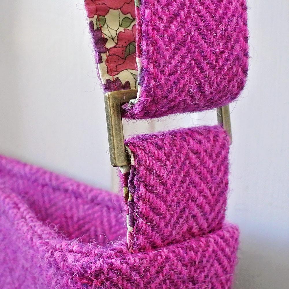 antique brass rectangle rings demonstrated on a Harris Tweed Bag Strap
