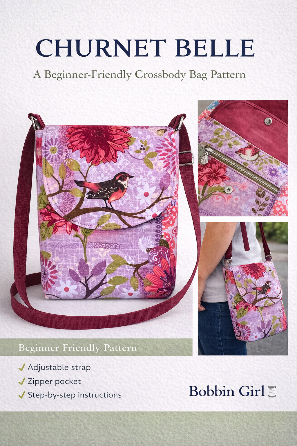 Churnet Belle Crossbody Bag – Printed Pattern (A4, Black & White)