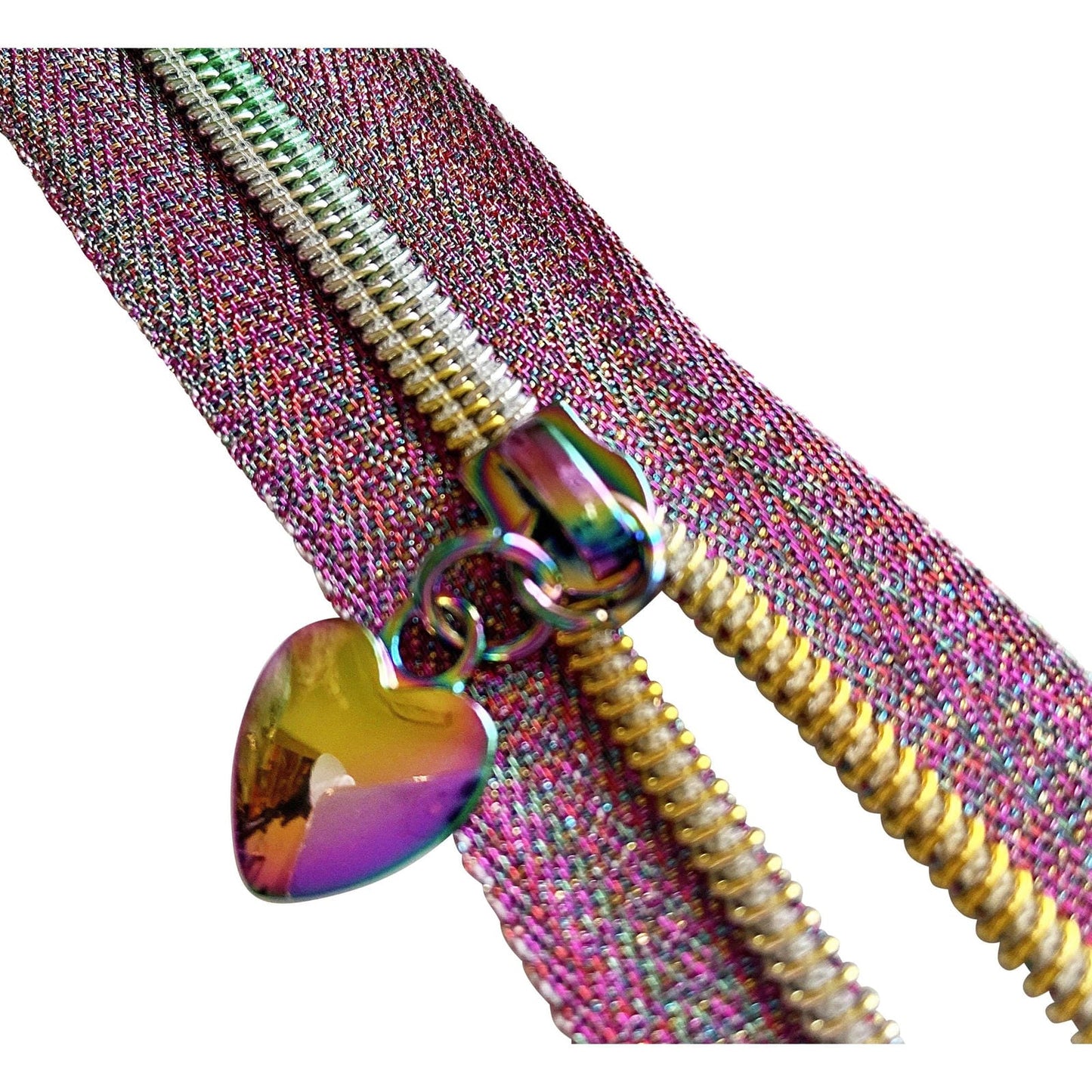 No. 5 zipper tape in metallic rainbow sold by the yard with 3 rainbow heart shaped zip pulls