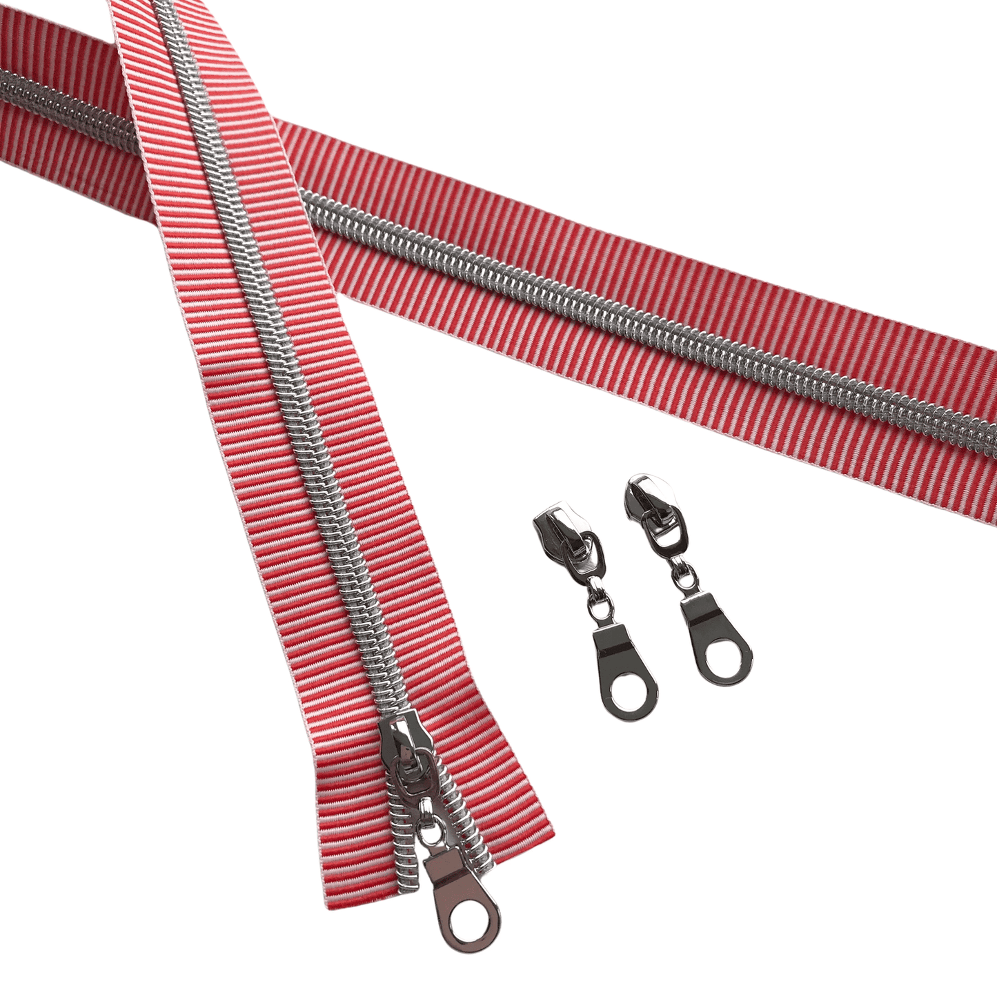 Red and White No. 5 zipper tape, sold by the yard with 3 zip pulls