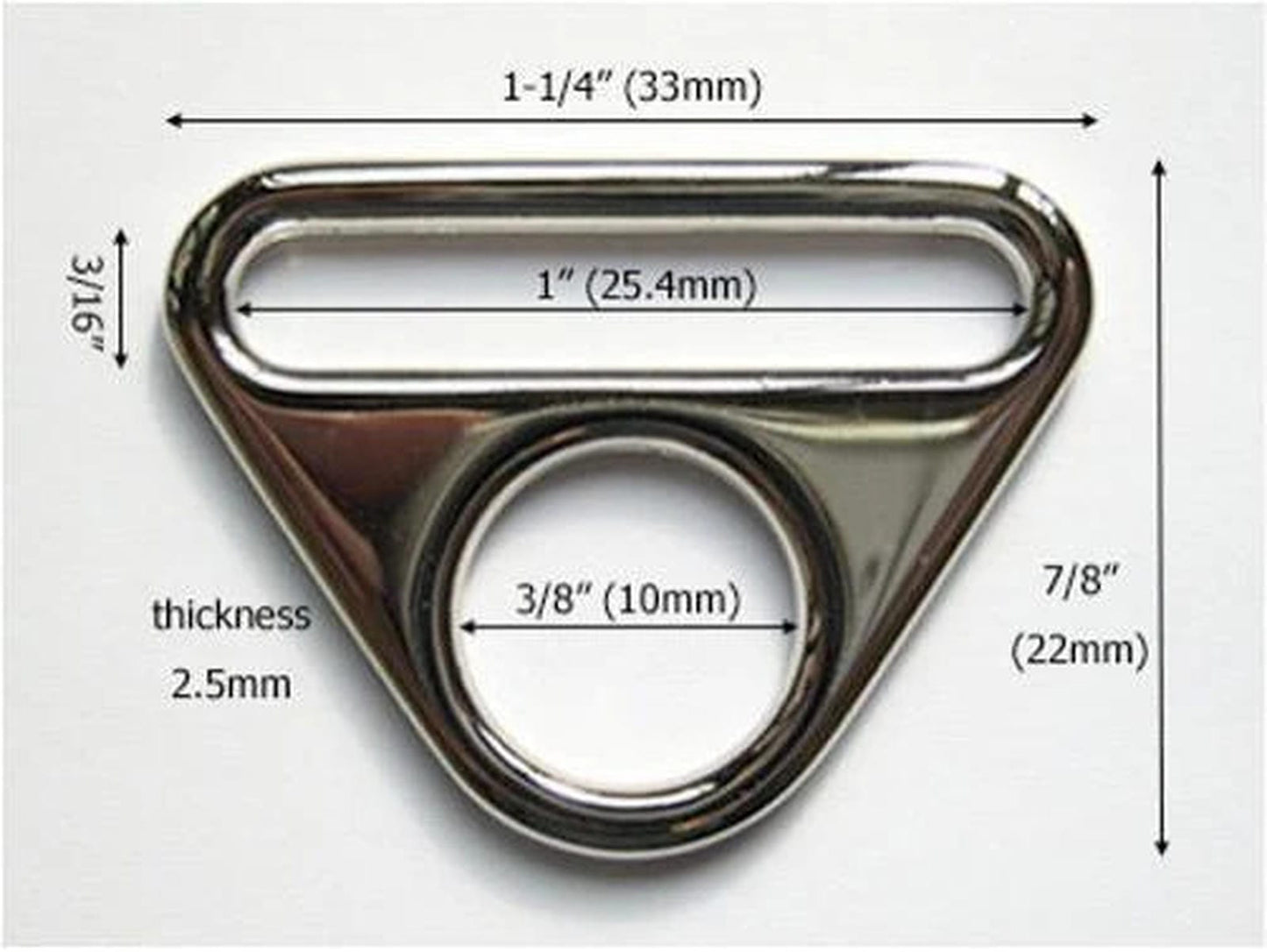 this diagram shows the dimensions of triangle ring connectors, with a 1" (25mm) lot for bag handles