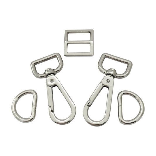 silver hardware kit with two hooks, 1 slider and D Rings