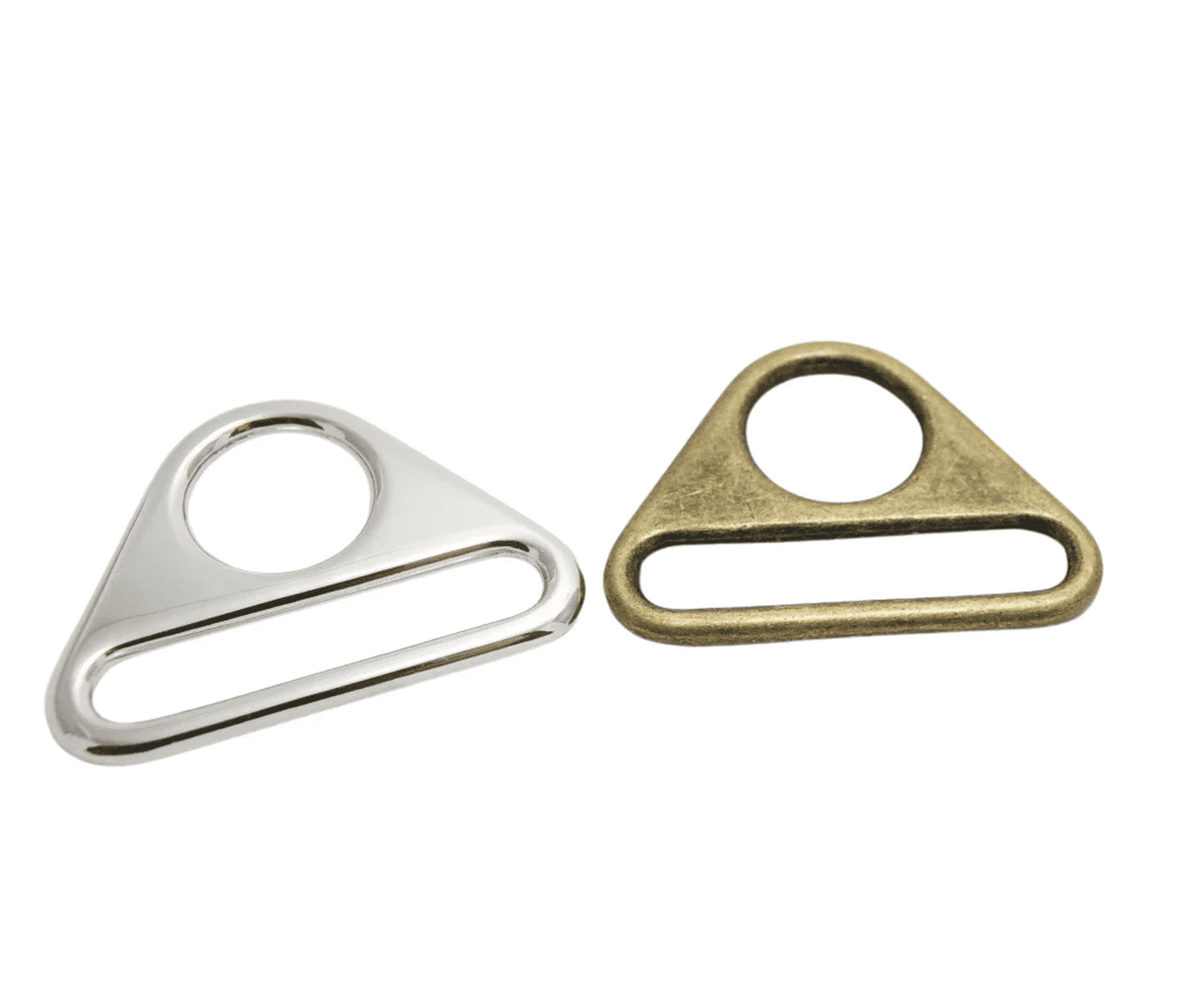 triangle ring connectors for bag making, available in two colours, silver and antique brass