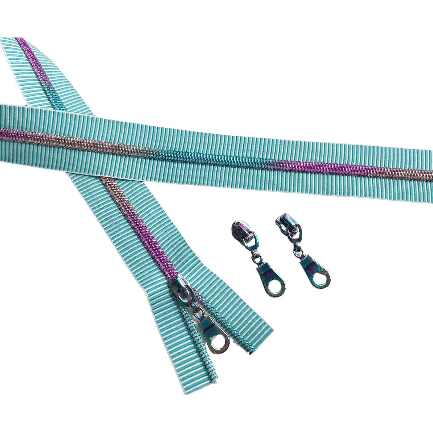 Turquoise and White No. 5 zipper tape, sold by the yard with 3 zip pulls