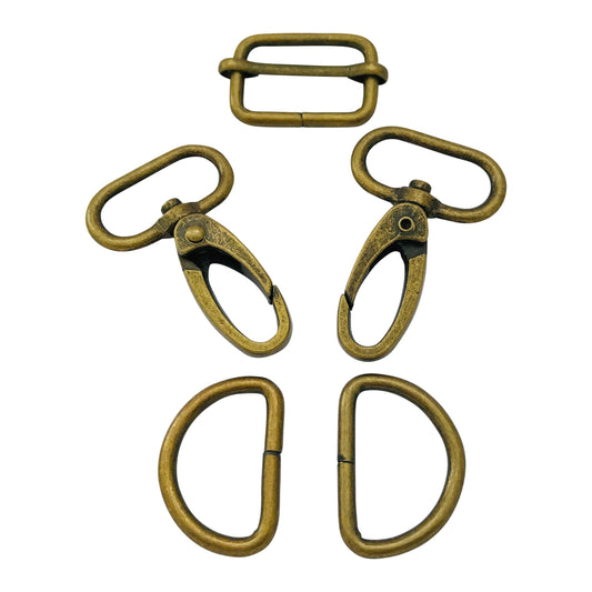 antique brass hardware kit with two hooks, 2 D rings and one slider 