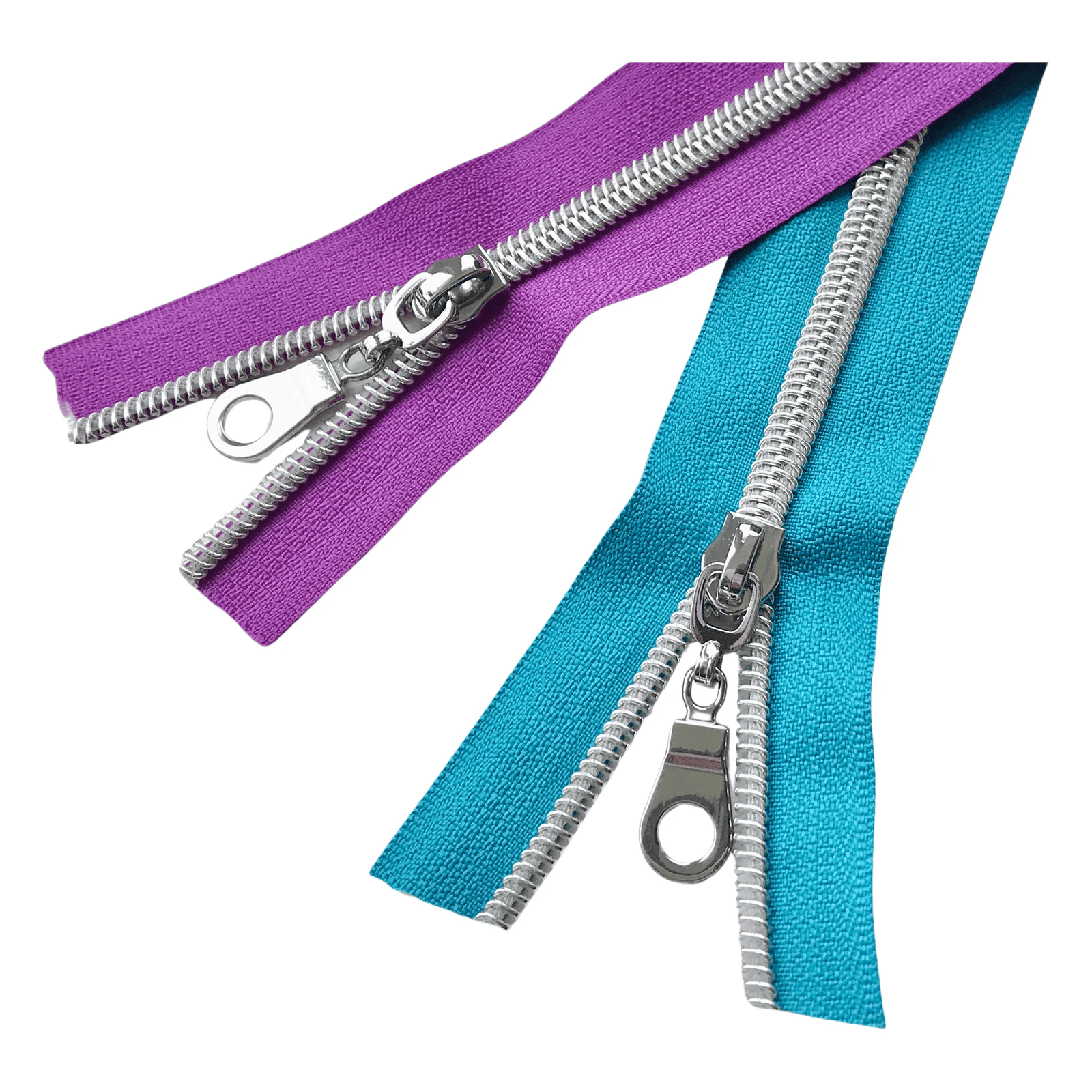 No. 5 zipper tape in magenta and mediterranean blue, sold by the yard with 3 silver donut pulls 